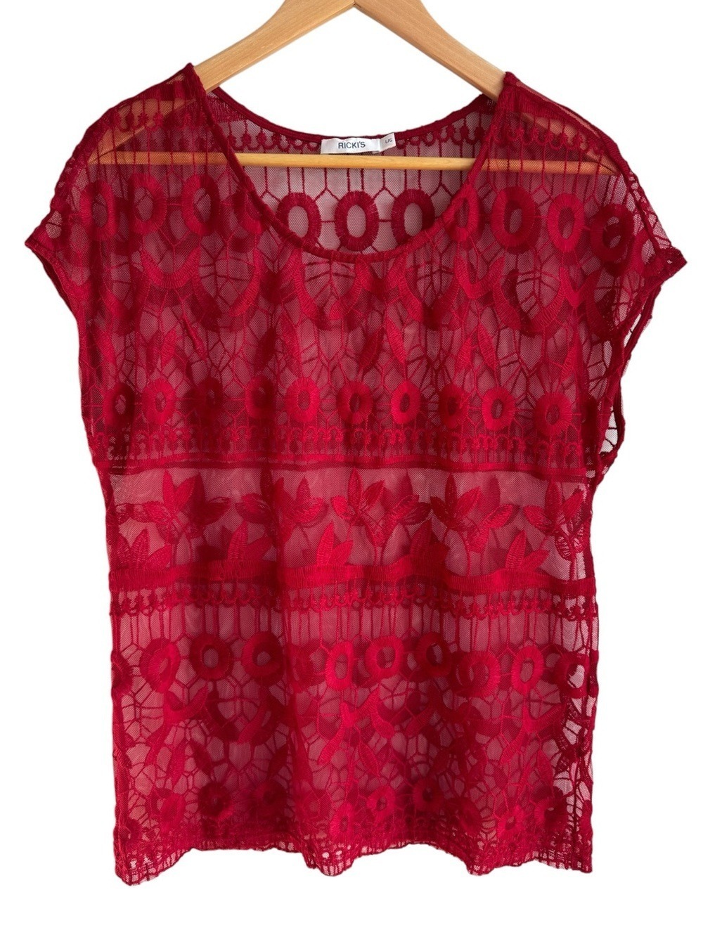Whimsical Sheer Red Lace Short Sleeve Top Sz L Floral Romantic Shirt Blouse